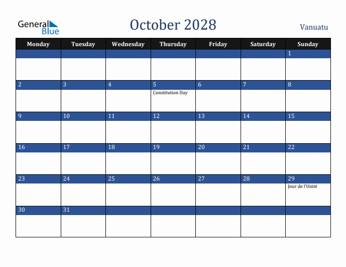 October 2028 Vanuatu Calendar (Monday Start)