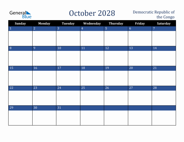 October 2028 Democratic Republic of the Congo Calendar (Sunday Start)