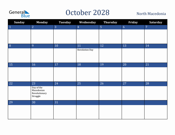 October 2028 North Macedonia Calendar (Sunday Start)