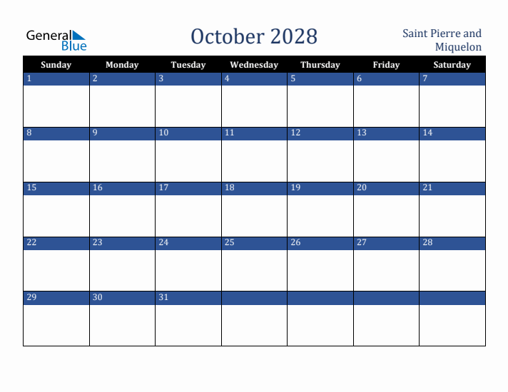 October 2028 Saint Pierre and Miquelon Calendar (Sunday Start)