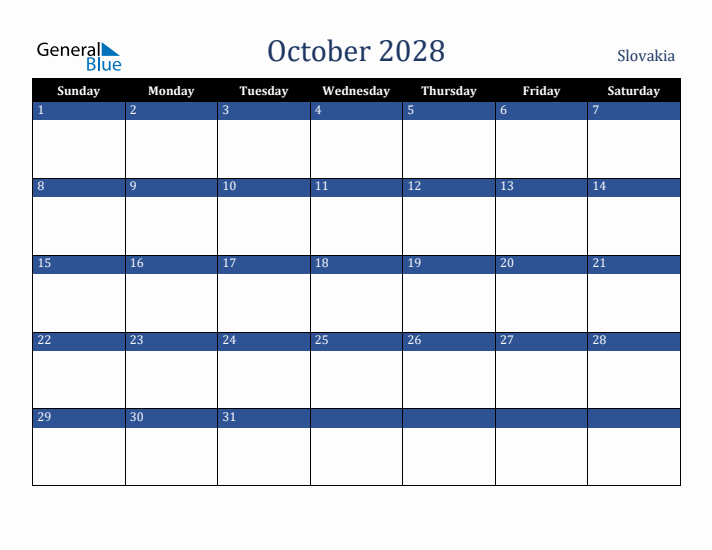 October 2028 Slovakia Calendar (Sunday Start)