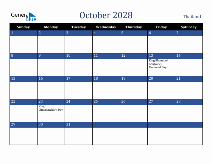 October 2028 Thailand Calendar (Sunday Start)