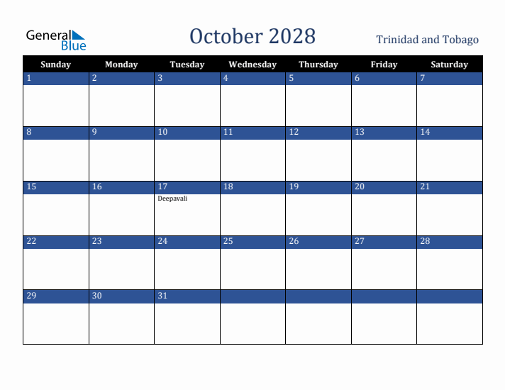 October 2028 Trinidad and Tobago Calendar (Sunday Start)