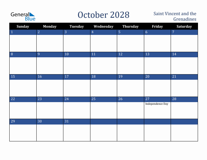October 2028 Saint Vincent and the Grenadines Calendar (Sunday Start)
