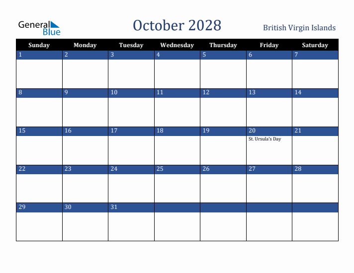 October 2028 British Virgin Islands Calendar (Sunday Start)