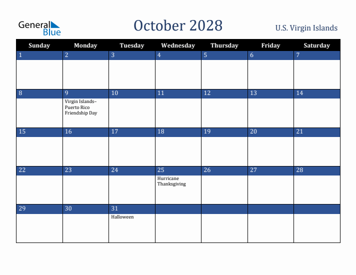 October 2028 U.S. Virgin Islands Calendar (Sunday Start)