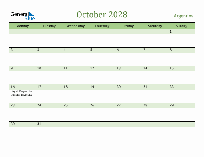 October 2028 Calendar with Argentina Holidays