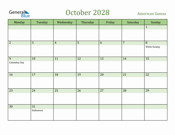 October 2028 Calendar with American Samoa Holidays