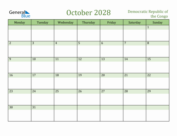 October 2028 Calendar with Democratic Republic of the Congo Holidays