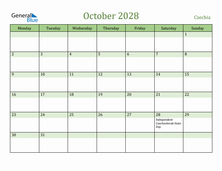 October 2028 Calendar with Czechia Holidays