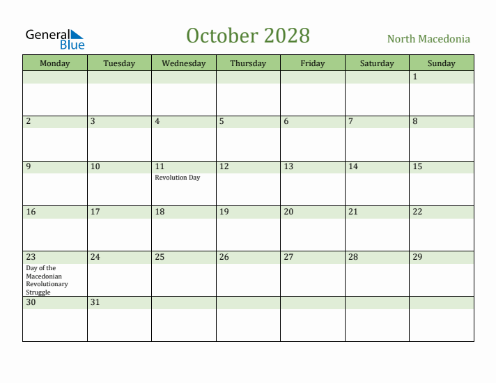 October 2028 Calendar with North Macedonia Holidays
