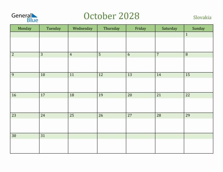October 2028 Calendar with Slovakia Holidays
