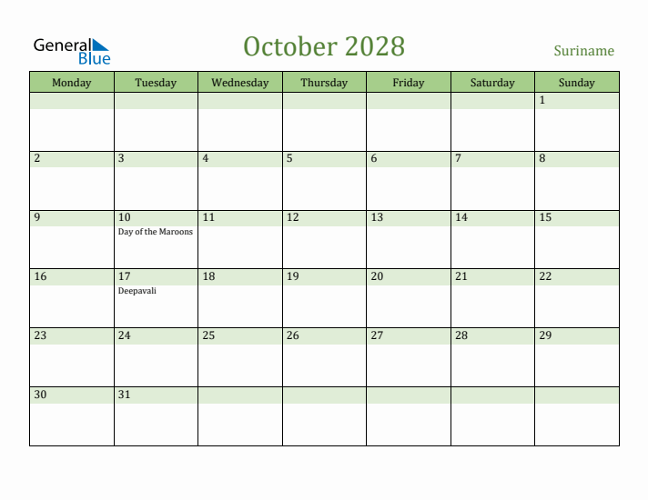 October 2028 Calendar with Suriname Holidays