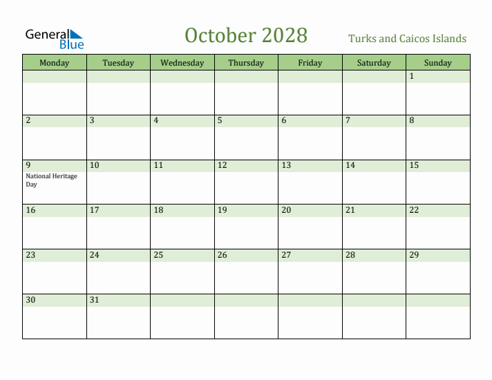 October 2028 Calendar with Turks and Caicos Islands Holidays