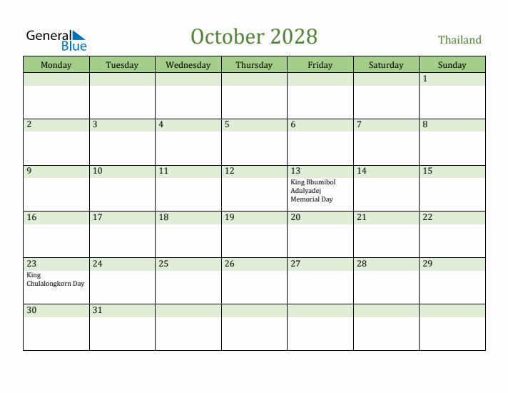 October 2028 Calendar with Thailand Holidays