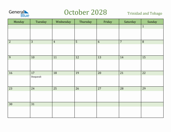 October 2028 Calendar with Trinidad and Tobago Holidays