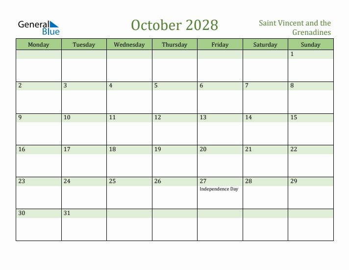 October 2028 Calendar with Saint Vincent and the Grenadines Holidays