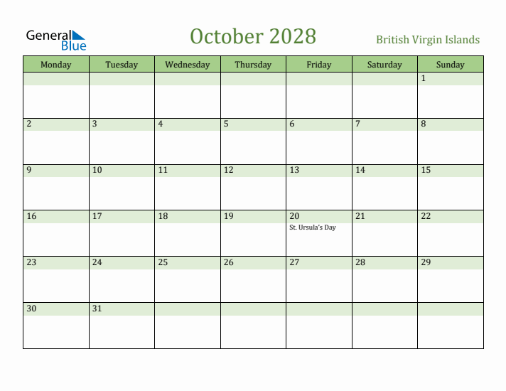 October 2028 Calendar with British Virgin Islands Holidays