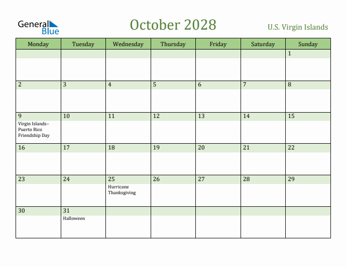 October 2028 Calendar with U.S. Virgin Islands Holidays