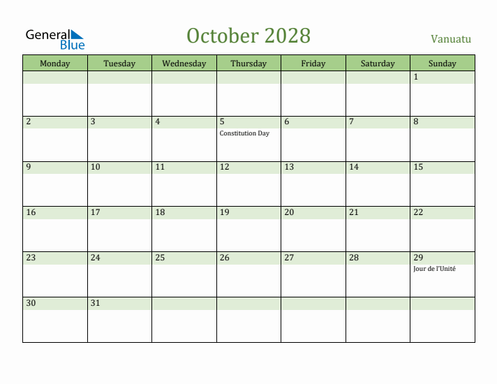 October 2028 Calendar with Vanuatu Holidays