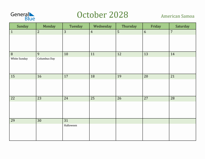 October 2028 Calendar with American Samoa Holidays