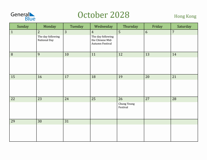 October 2028 Calendar with Hong Kong Holidays