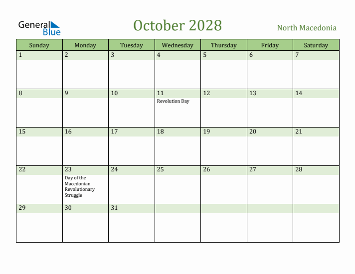 October 2028 Calendar with North Macedonia Holidays