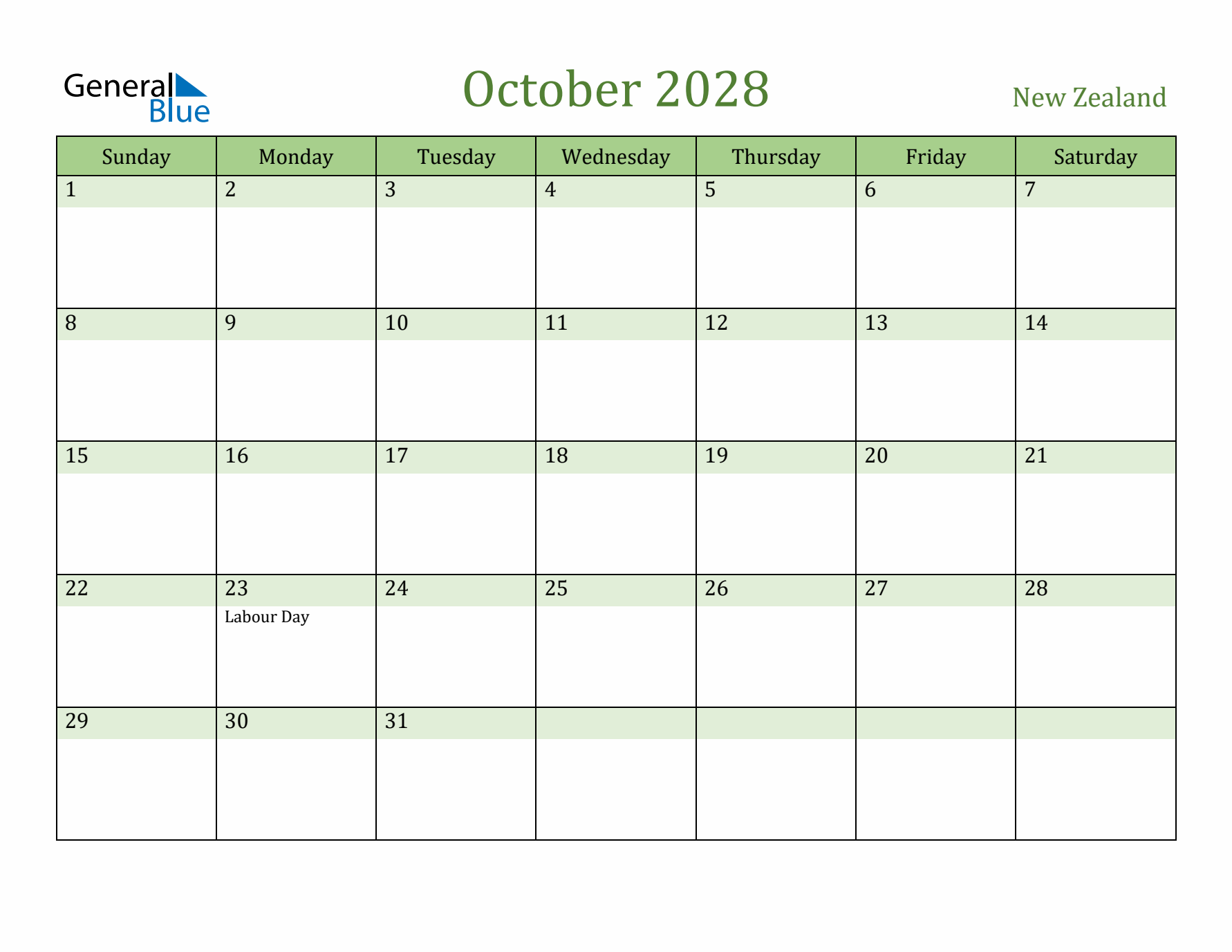 October 2028 Calendar with New Zealand Holidays