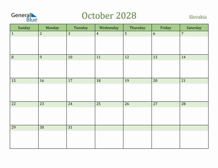 October 2028 Calendar with Slovakia Holidays