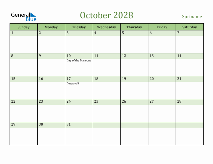 October 2028 Calendar with Suriname Holidays