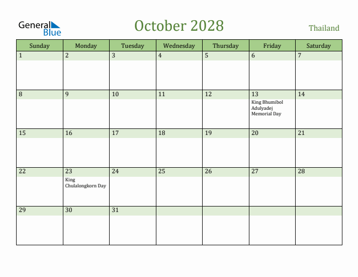 October 2028 Calendar with Thailand Holidays