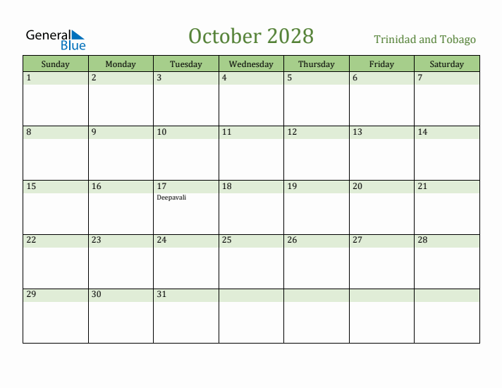 October 2028 Calendar with Trinidad and Tobago Holidays