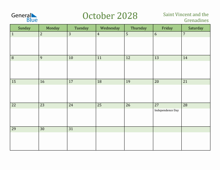 October 2028 Calendar with Saint Vincent and the Grenadines Holidays