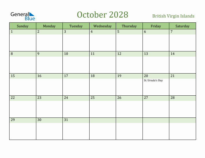 October 2028 Calendar with British Virgin Islands Holidays