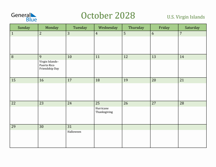 October 2028 Calendar with U.S. Virgin Islands Holidays