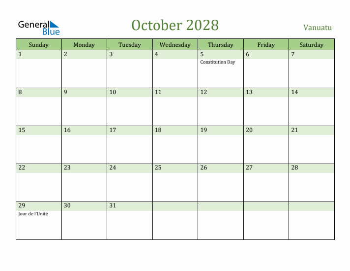October 2028 Calendar with Vanuatu Holidays