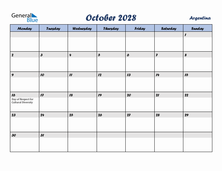 October 2028 Calendar with Holidays in Argentina