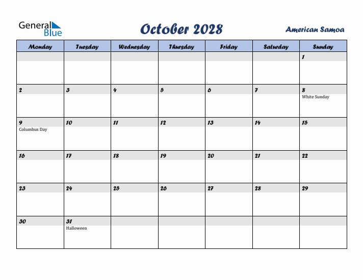 October 2028 Calendar with Holidays in American Samoa