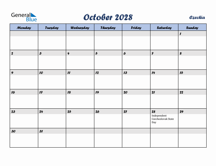 October 2028 Calendar with Holidays in Czechia