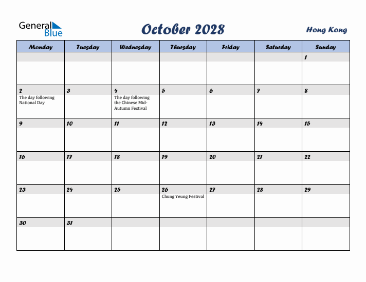 October 2028 Calendar with Holidays in Hong Kong