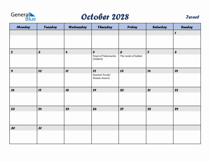 October 2028 Calendar with Holidays in Israel