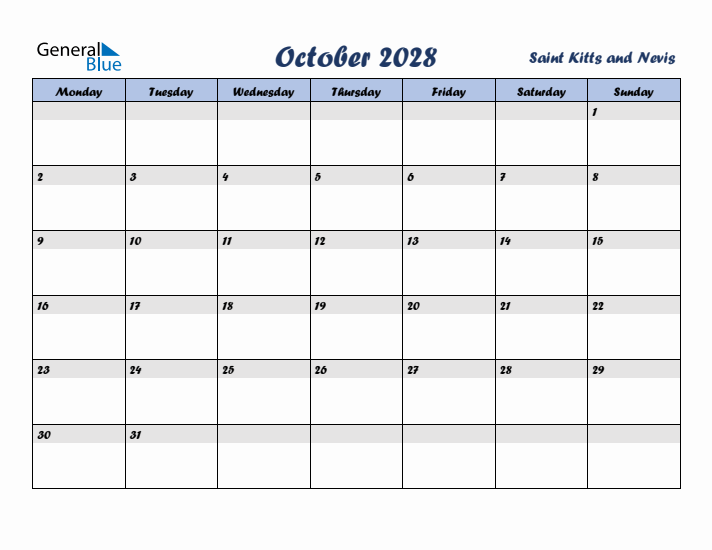 October 2028 Calendar with Holidays in Saint Kitts and Nevis