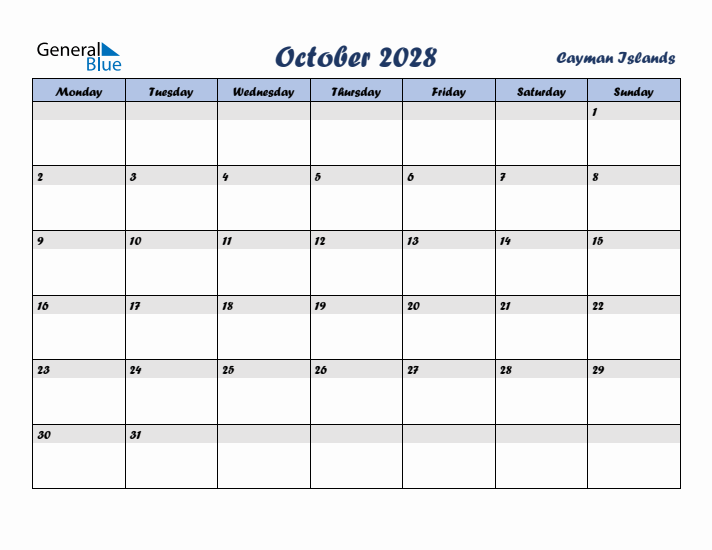 October 2028 Calendar with Holidays in Cayman Islands