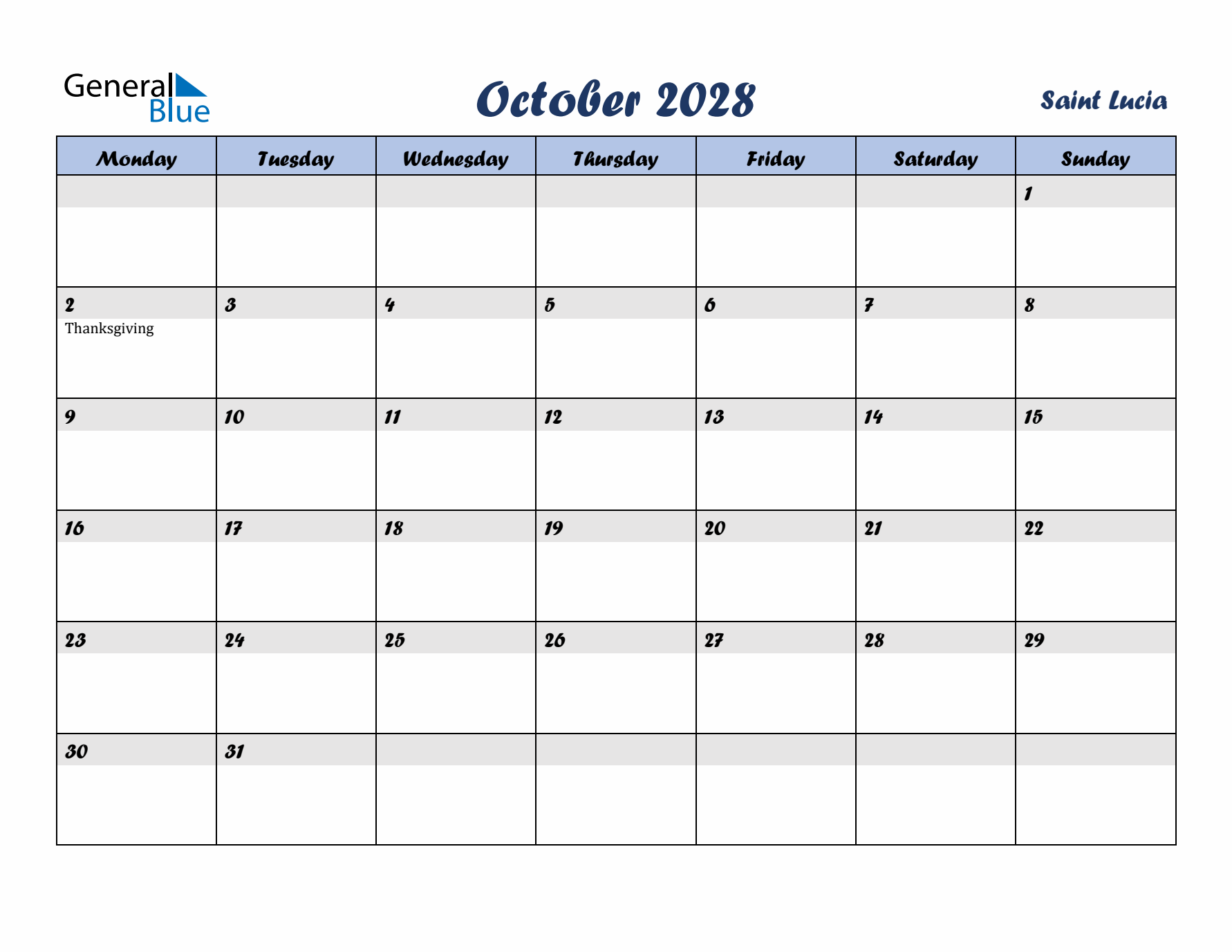 October 2028 Calendar with Holidays in Saint Lucia