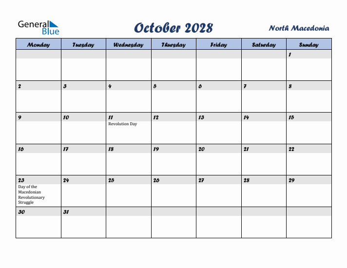 October 2028 Calendar with Holidays in North Macedonia
