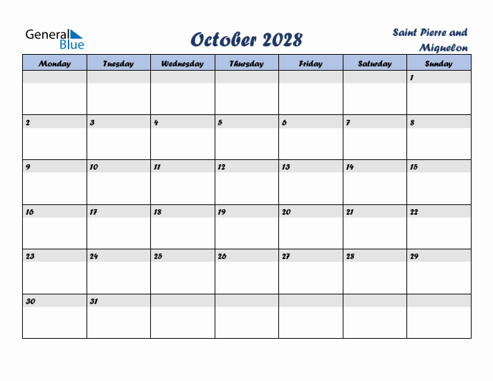 October 2028 Calendar with Holidays in Saint Pierre and Miquelon
