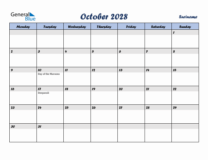 October 2028 Calendar with Holidays in Suriname