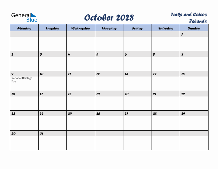October 2028 Calendar with Holidays in Turks and Caicos Islands