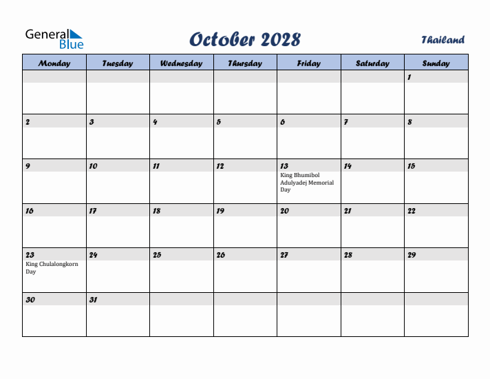 October 2028 Calendar with Holidays in Thailand