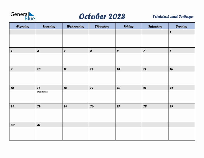 October 2028 Calendar with Holidays in Trinidad and Tobago